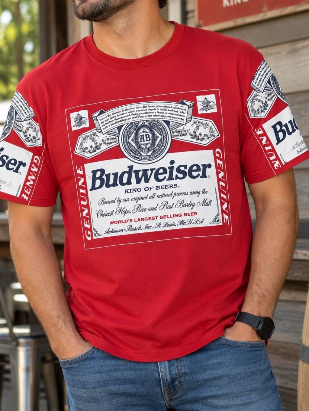 Budweiser Men’s Large Red Graphic T-Shirt King of Beers Beer Tee #1